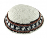 White Knitted Kippah with gray and brown border