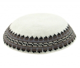 White DMC knitted kippah with gray and black border