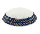 White DMC knitted kippah with brown and blue border