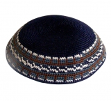 Blue DMC knitted kippah with white and brown border design