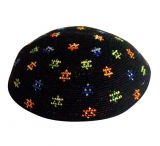 Black DMC knitted kippah with colorful Star of David design