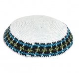 White Knitted Kippah with blue and green border