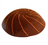 Brown DMC knitted kippah with orange swirl design