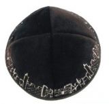 Black velvet kippah with silver Jerusalem design