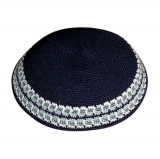 Handmade DMC Knitted Navy Kippah with light blue and khaki border