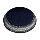 Handmade DMC Knitted Navy Kippah with khaki border