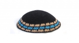 Black Knitted kippah with light blue and beige border
