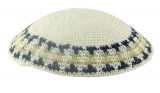 White handmade knitted kippah With Blue And Olive Green Border