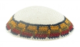 White handmade knitted kippah With Blue Olive Maroon And Brown Border