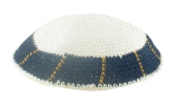 White handmade knitted kippah With Dark Blue And Yellow Border