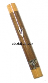 Two tone wood mezuzah with pewter menorah by aJudaica