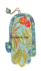 Seven Species Wood Painted Hamsa by aJudaica