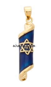 Gold Filled Blue Enamel Mezuzah Pendant by aJudaica