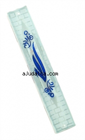 Glass Mezuzah with Jerusalem Wall Design and Blue Shin by aJudaica