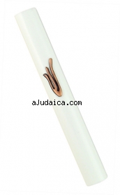 White Wood Mezuzah with gold color "shin" by aJudaica