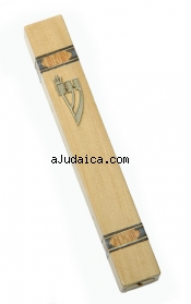 Beige wood mezuzah with gold shin and design by aJudaica