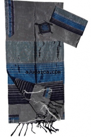 Gabrieli Silk Tallit Set - Gray with Three Shades of Blue by aJudaica