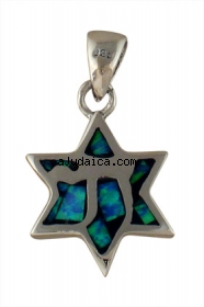 Silver and Opal Star of David Chai Pendant by aJudaica