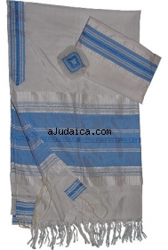 Gabrieli Silk Tallit Set  - White and Light Blue by aJudaica