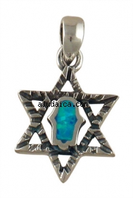 Silver and Opal Hamsa Star of David Pendant by aJudaica