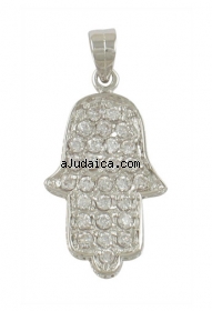 Rhodium Plated Cubic Zirconium Hamsa Pendant by aJudaica