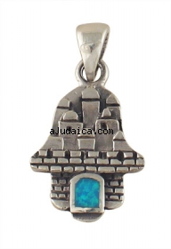 Silver and Opal Hamsa Jerusalem Pendant by aJudaica