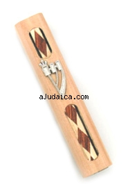 Wood mezuzah with silver shin and mosaic design by aJudaica