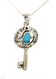 Silver and Opal Hamsa Key Pendant by aJudaica