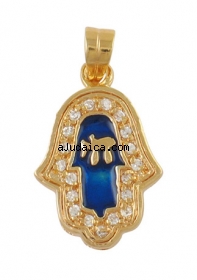Gold Filled Zirconium Blue Enamel Hamsa Pendant by aJudaica