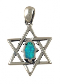 Silver and Opal Hamsa Star of David Pendant by aJudaica