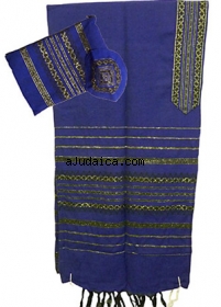 Gabrieli Wool Tallit Set - Blue with Black and Gold stripes by aJudaica