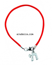 Rhodium Chai on red ribbon bracelet by aJudaica