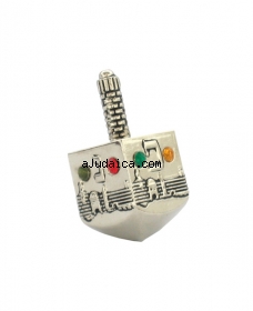Nickel Jerusalem design Dreidel with colorful stones by aJudaica