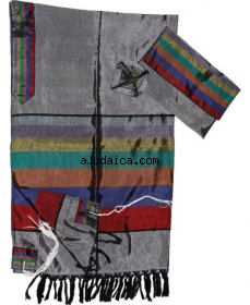 Gabrieli Silk Tallit Set  - Gray and Multicolor Wide Stripes by aJudaica