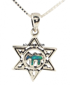 Silver and Opal Star of David "Chai" Pendant by aJudaica