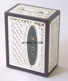 Silver Plated Glass Wooden Tzedakah box by aJudaica