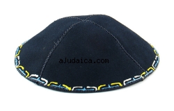 Hand Decorated Suede Kippah with colorful border by aJudaica