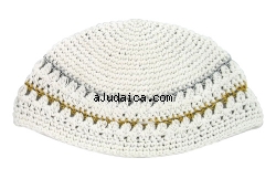 White Frik Kippah with gold and silver border by aJudaica