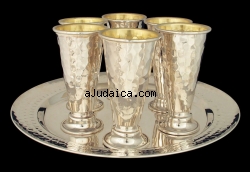 Set of Sterling Silver 6 Kiddush cups and tray by aJudaica