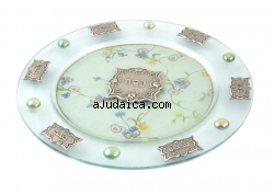 Round Hand Made Glass Seder Plate "Flowers Design" by aJudaica