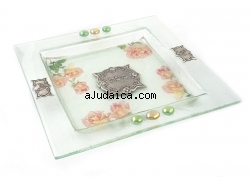 Hand Made Glass Square Matzah Plate "Rose Design" by aJudaica