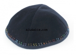 Hand Decorated Velvet Kippah with Colorful border by aJudaica