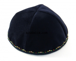 Hand Decorated Kippah with green and gold border by aJudaica