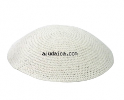 White Thick Knitted Kippah by aJudaica