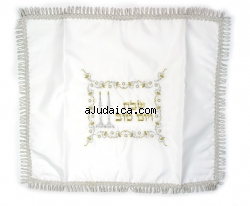 White Silver Challah Cover with silver fringe by aJudaica