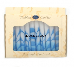 Decorative Safed White and Blue Shabbat Candles by aJudaica