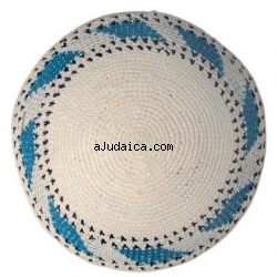 White Knitted Kippah with blue border 6.1" by aJudaica