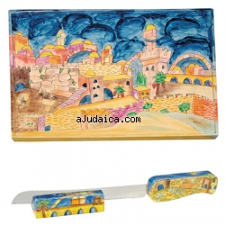 Jerusalem Challah Board & Challah Knife + Stand by aJudaica