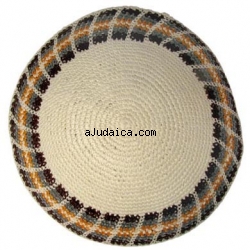 Beige Kippah with colorful border design 5.9" by aJudaica