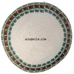 White, Green and Gold Knitted Kippah 6" by aJudaica